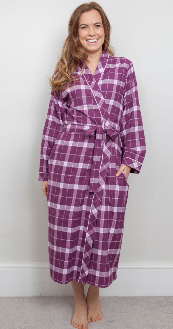 Cyberjammies Fiona Checked Pattern Long Dressing Gown-Wrap-Bathrobe-Cerise