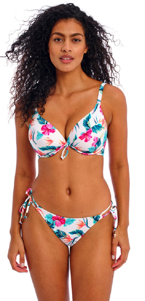 Freya Palm Paradise Padded Deep Plunge Bikini Bra Pant Set White